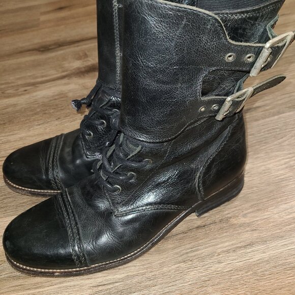 All Saints men 43/10 Black Demise Distressed Leather Boots Combat Lace up Buckle - Picture 1 of 11